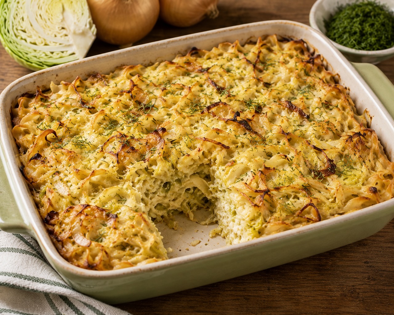 Кугель из лапши с капустой и луком
