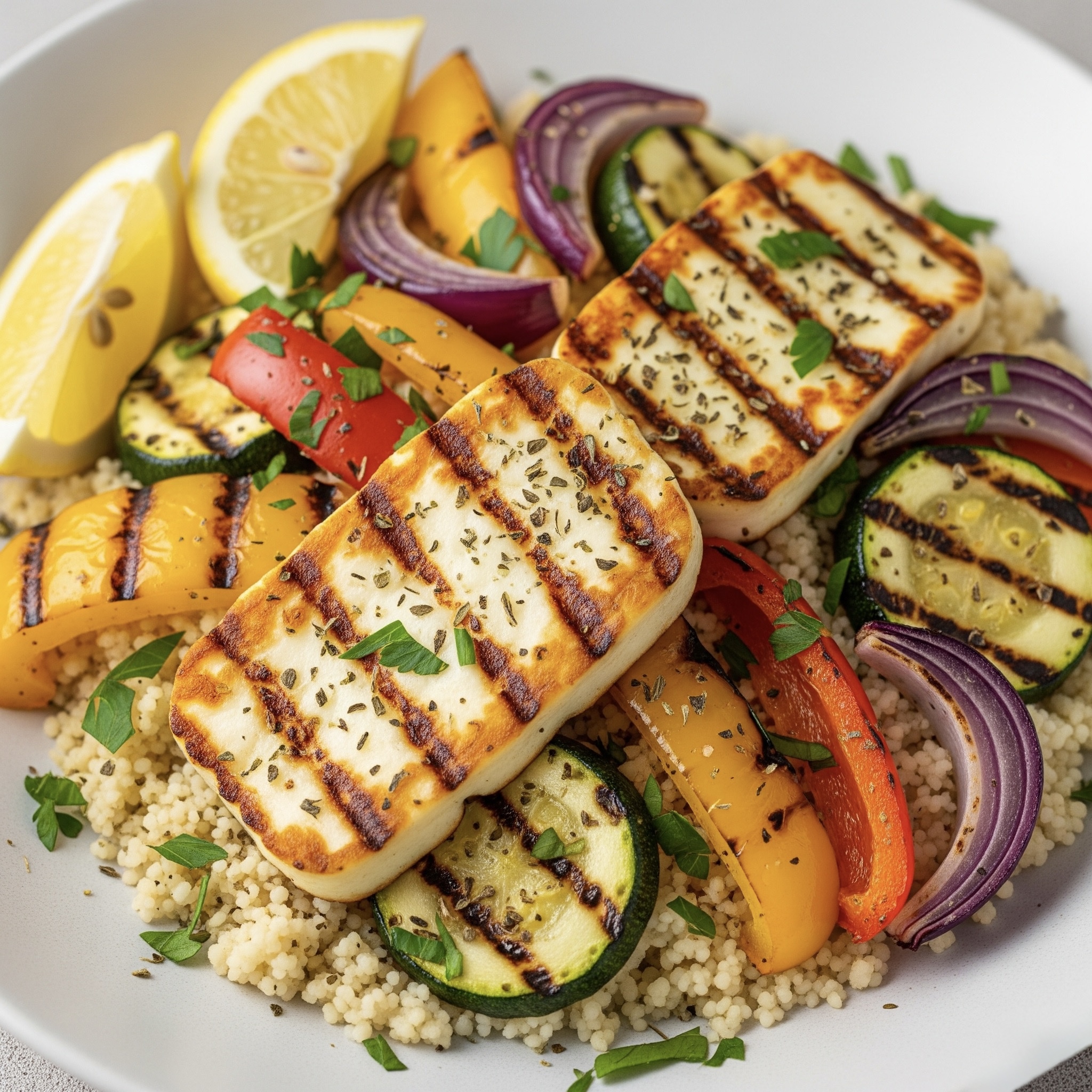 Verdure grigliate e halloumi con couscous