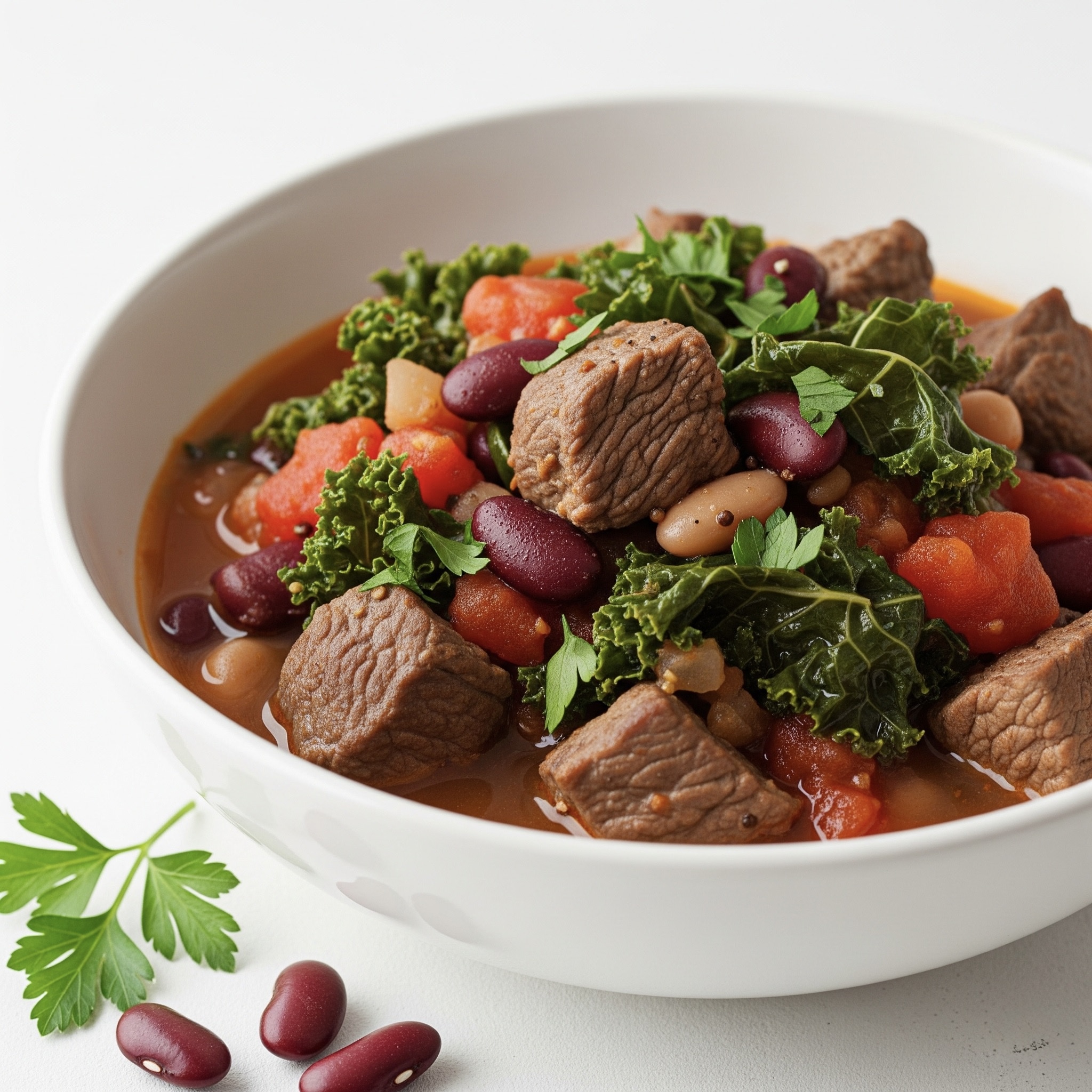 Тушеная говядина с фасолью и капустой кале