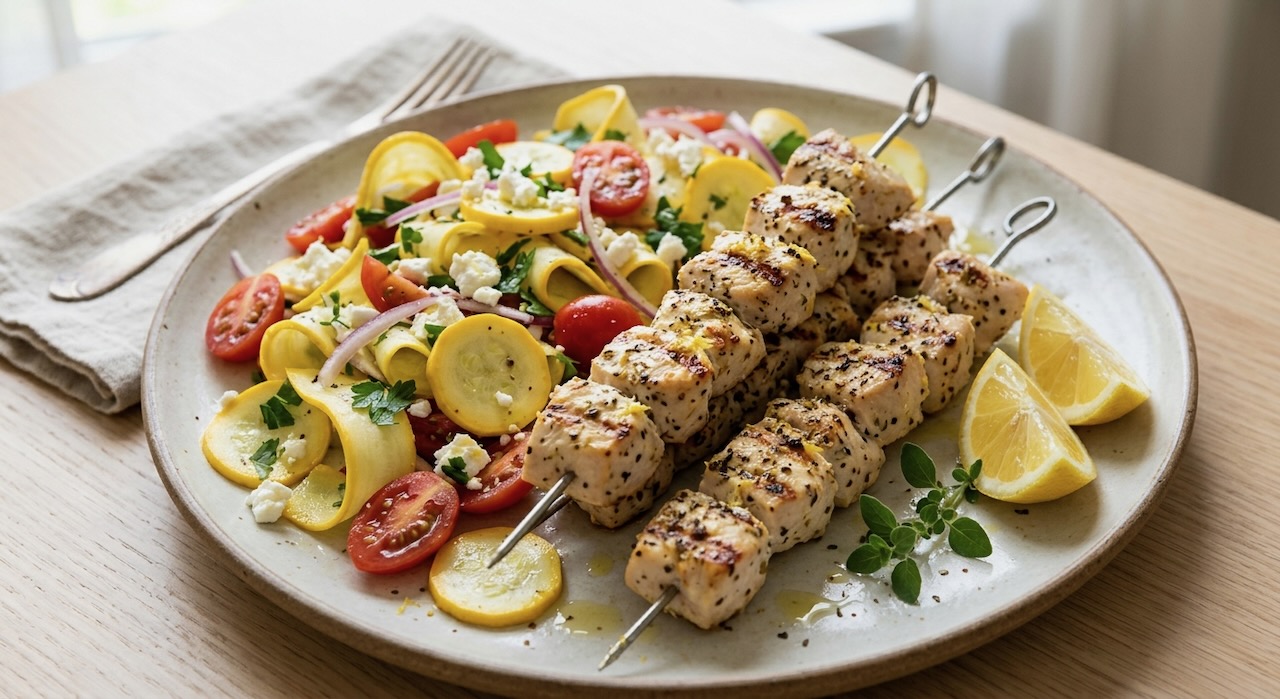 Lemony Chicken Skewers with Squash Salad