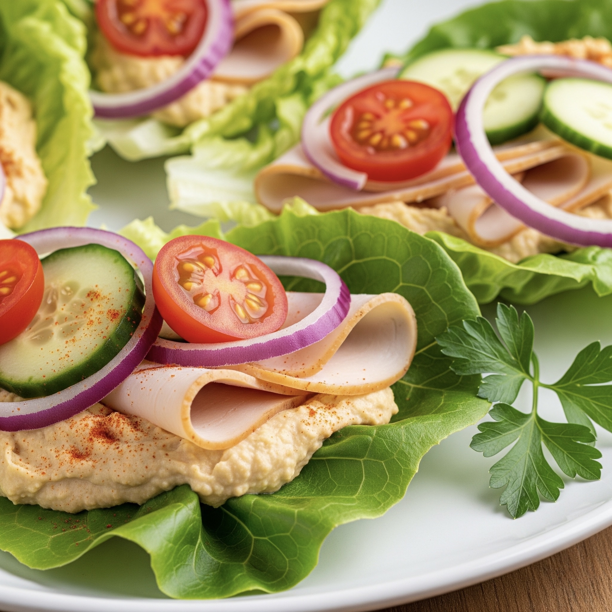 Lettuce Wraps with Turkey Breast and Hummus