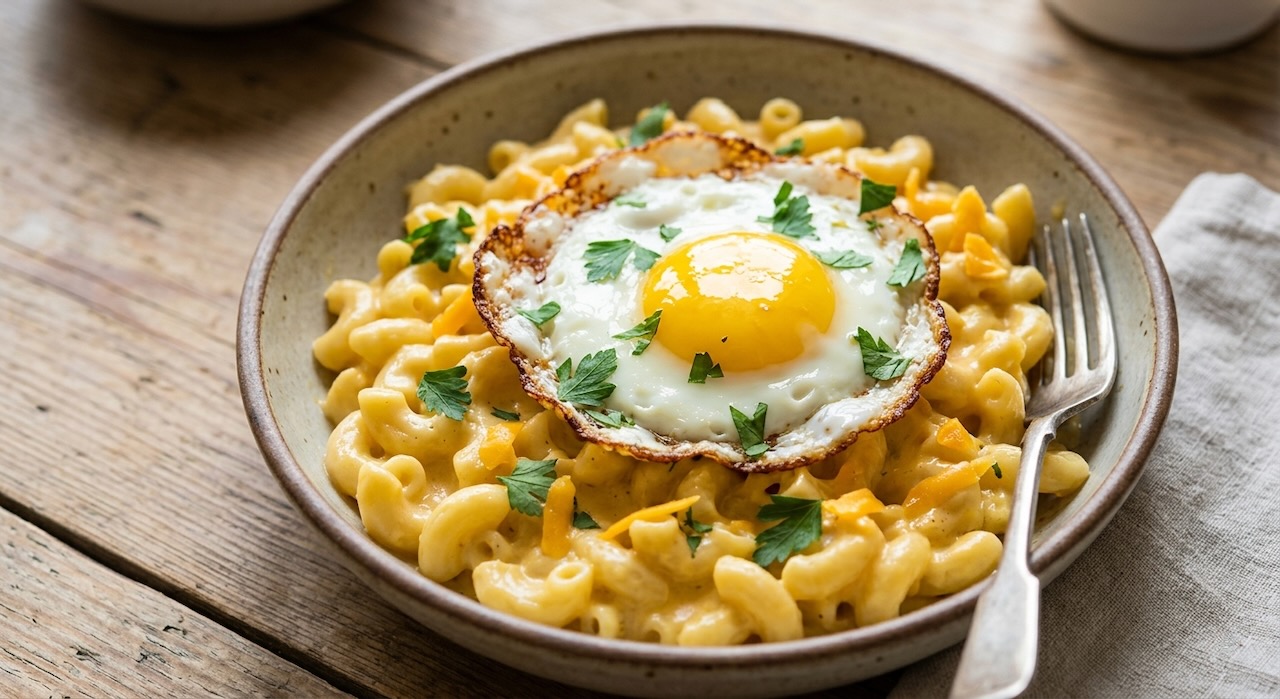 Mac and Cheese with fried Eggs