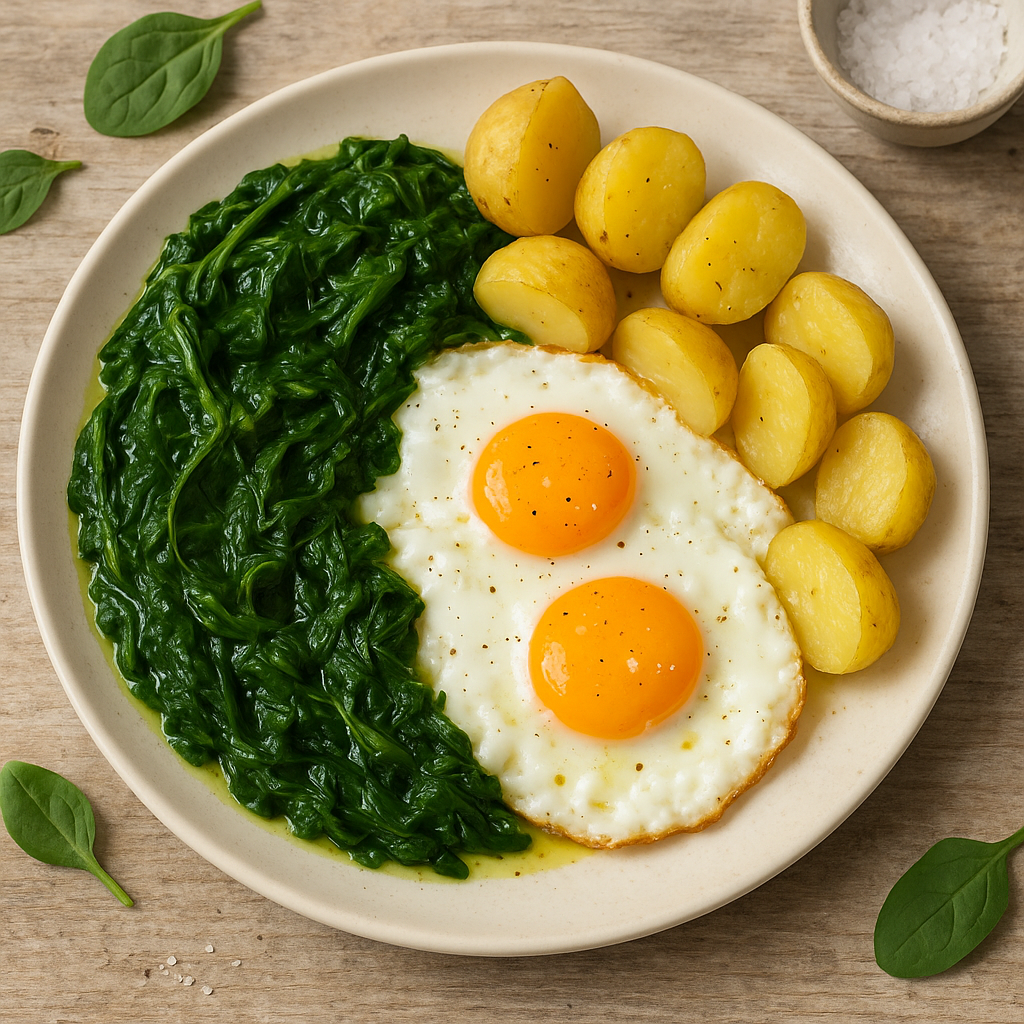 Spinaci e uovo fritto con patate lesse